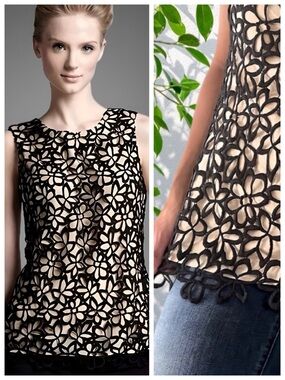 Vintage Lela Rose Neiman Marcus Black Silk Blend Floral Lace Sleeveless Top M